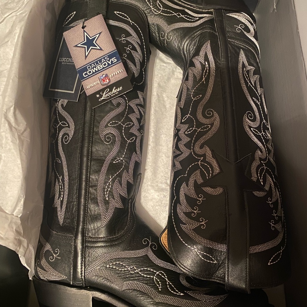 Lucchese Black and Silver Heeled Boots with Ornate Stitching